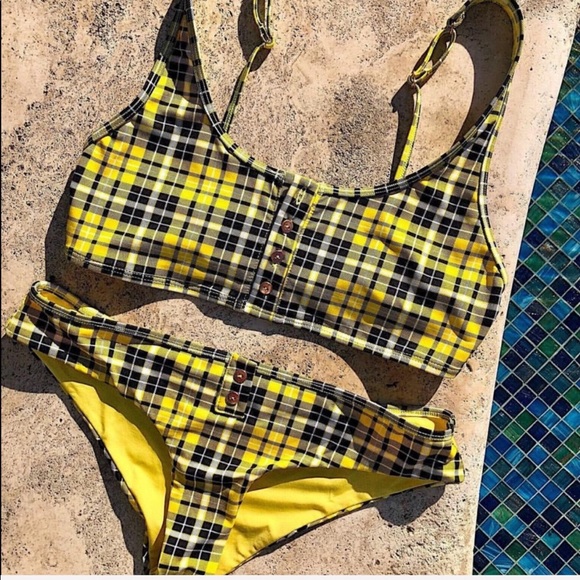 FRANKIES BIKINIS WOMEN SUMMER SWIM PLAID YELLOW BIKINI TOP SIZE LARGE - Picture 5 of 7